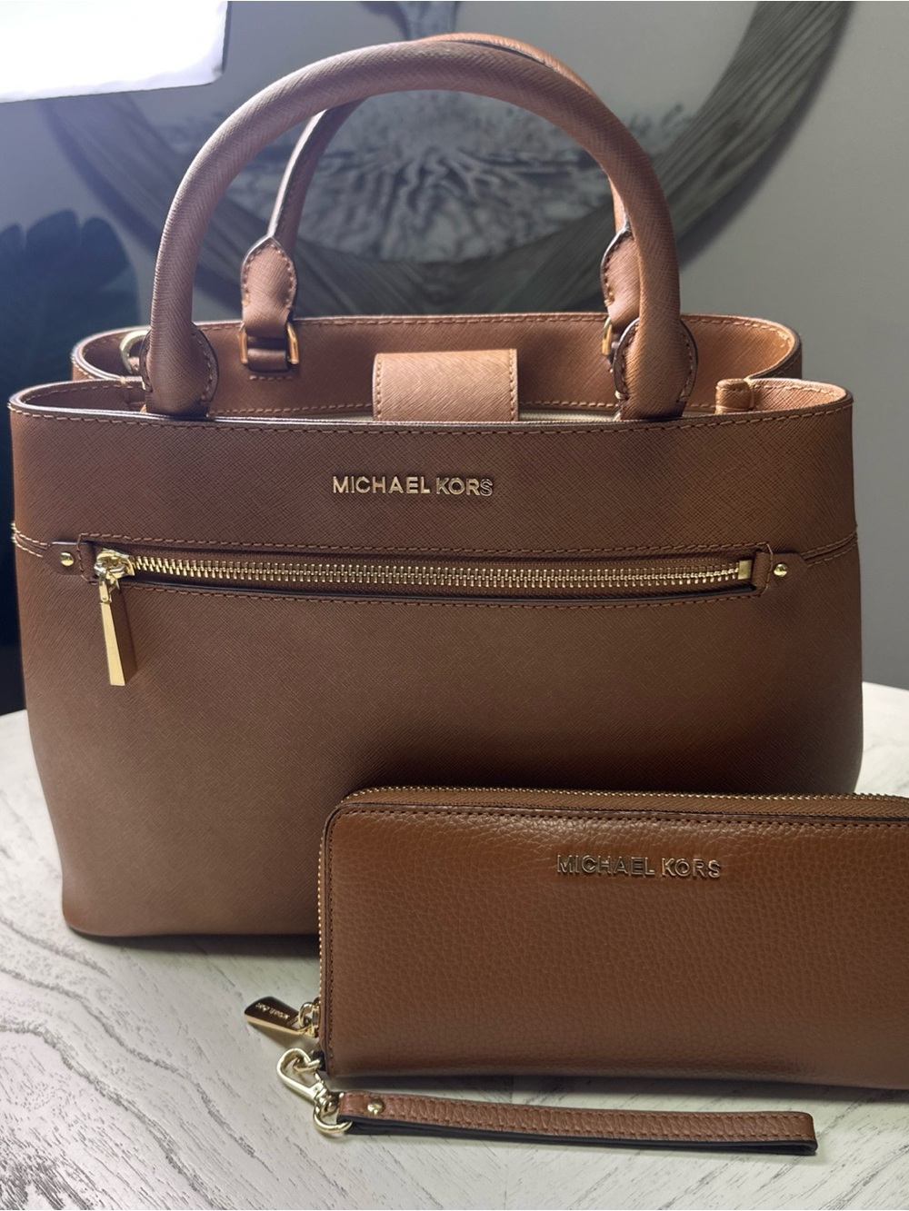 Michael Kors Brown Saffiano Satchel with Matching Wallet